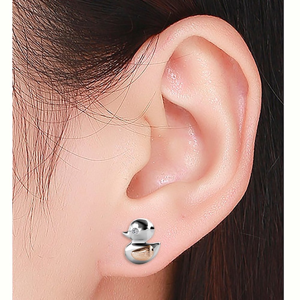 Cute Silver Duck Earrings With Rose Gold Wing And Swarovski Crystal - Picture 3 of 10